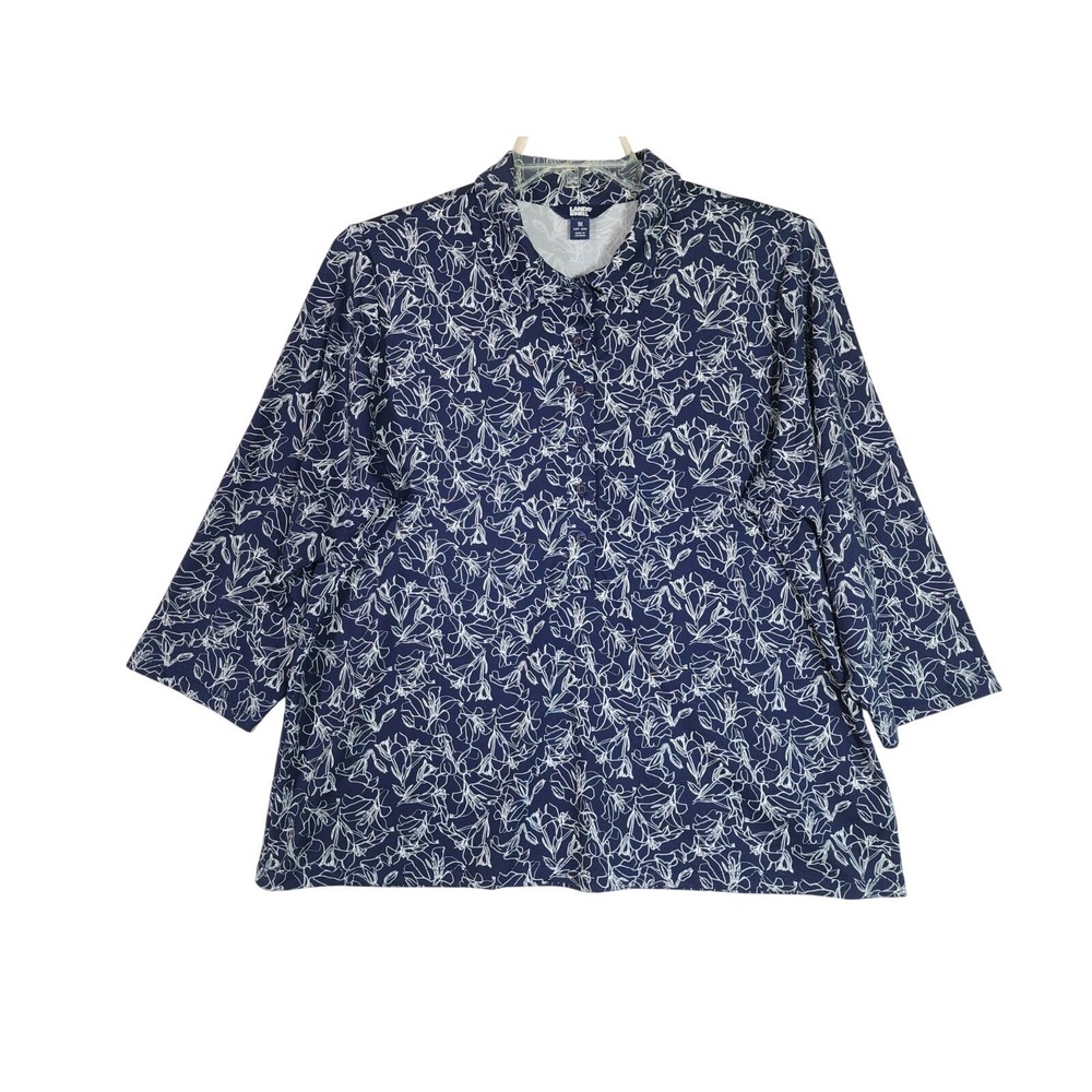 Lands End 1X Blue Floral Polo Shirt 3/4 Sleeve Stretch Top Preppy Cottagecore